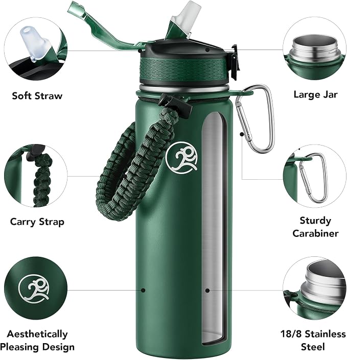 GOSWAG Insulated Sports Water Bottle, 24oz 2 Lids, Stainless Steel Water Bottles - Image 3