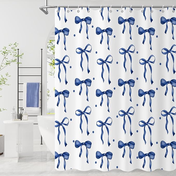 Navy Bow Shower Curtain by Caheansi