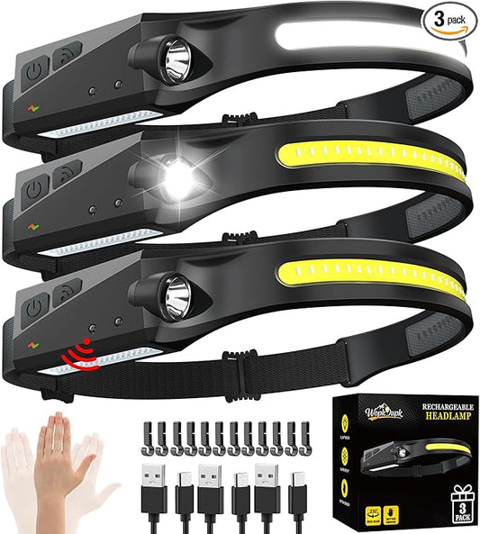 Rechargeable Headlamp 3PCS, 230° Wide Beam Head Lamp, Motion Sensor LED by WopkDupk