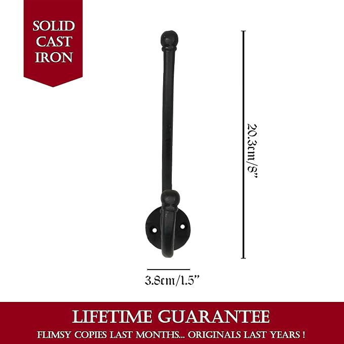Mystic Colonial Rustic Cast Iron Wall Hooks, Heavy Duty Retro Utility Hanger - Image 3