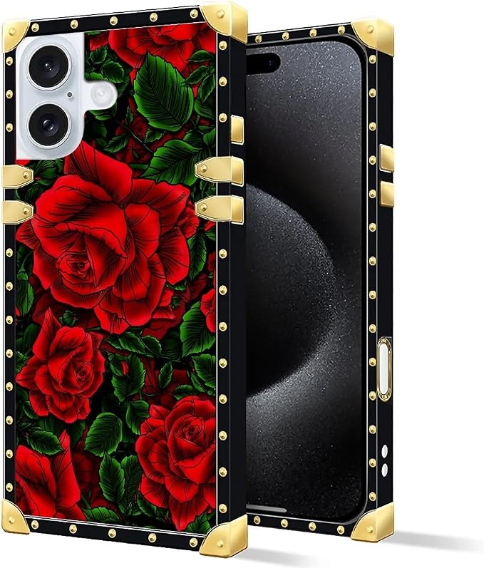 Compatible with iPhone 16 Case, Vector Red Rose Green Leaf Luxury Golden - Image 2