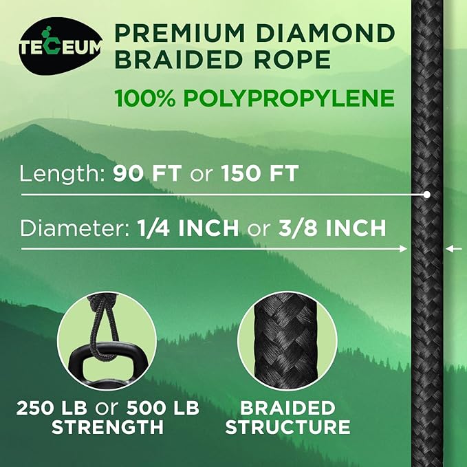 TECEUM Rope – 90 Feet x 3/8 Inch – Black – Strong All-Purpose Utility Rope – - Image 2