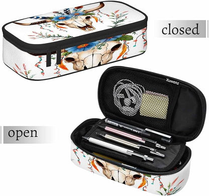 Cow Skull Pencil Holder Bag Bull Head Flowers Feathers Boho Style Pencil Case - Image 7