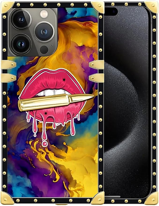 Compatible with iPhone 16 Pro Case, Cool Corlorful Lip Marble Luxury Golden by Unknown