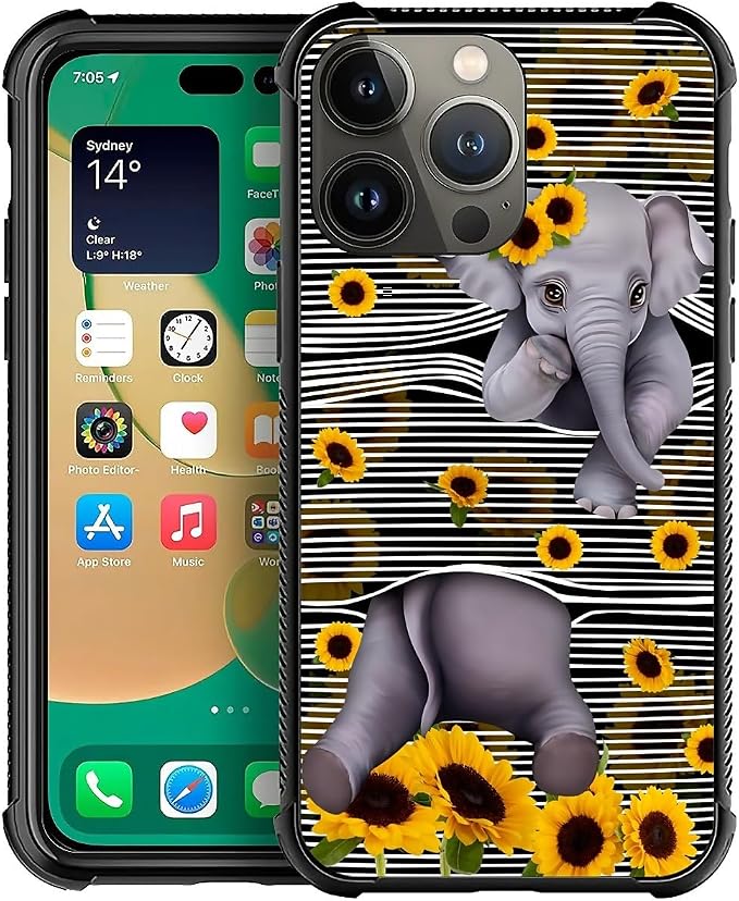 for iPhone 13 Pro Case, Cute Little Elephant Sunflower White Line Art Pattern by FKBRCL4U