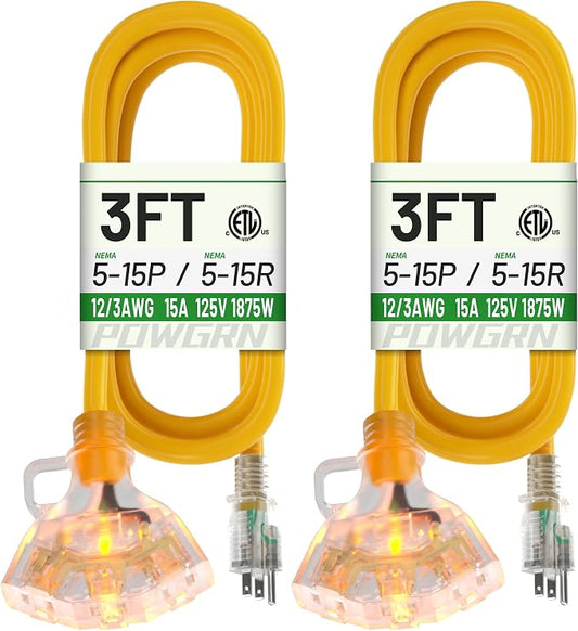 POWGRN 3 FT 2 Pack 12/3 Gauge Extension Cord by POWGRN