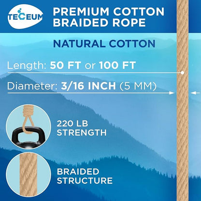 TECEUM Cotton Rope 3/16” – 50 FT – Strong All-Purpose Braided Rope – Natural - Image 2