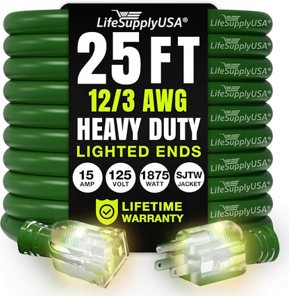 25ft Outdoor/Indoor Extension Cord 12/3 Gauge Extra Heavy Duty 3 Prong SJTW by LifeSupplyUSA