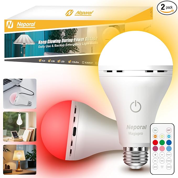 Neporal MagixPro RGB Remote Rechargeable Light Bulbs, Dual Recharge, Color by Neporal