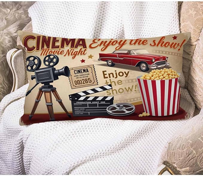 EKOBLA Throw Pillow Case 12x20 Inch Cinema Retro Poster Letters Movie Night by EKOBLA