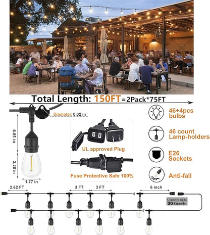 Outdoor String Lights LED 150FT Waterproof Heavy-Duty Patio Lights String - Image 2