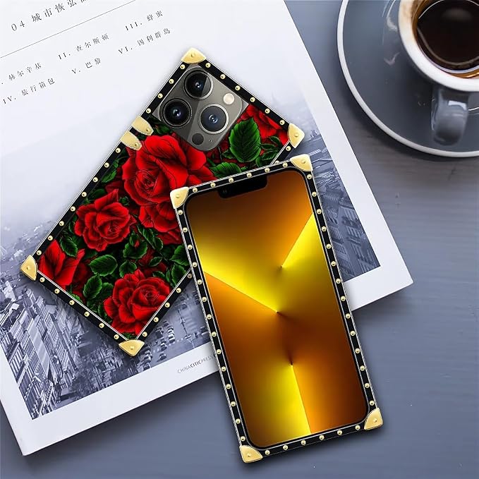 Compatible with iPhone 13 Pro Case, Vector Red Rose Green Leaf Luxury Golden - Image 6