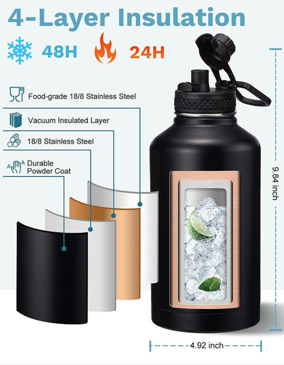 BENZZO 64 oz Water Bottle Insulated Leak Proof Travel Large 1/2 Half Gallon - Image 5