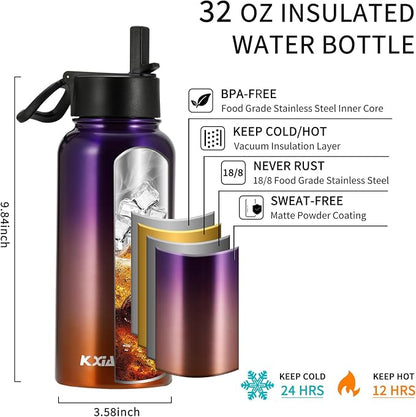 KXIAOCHEN Insulated Water Bottle, Stainless Steel Water Bottle, 2 Lids - Image 5