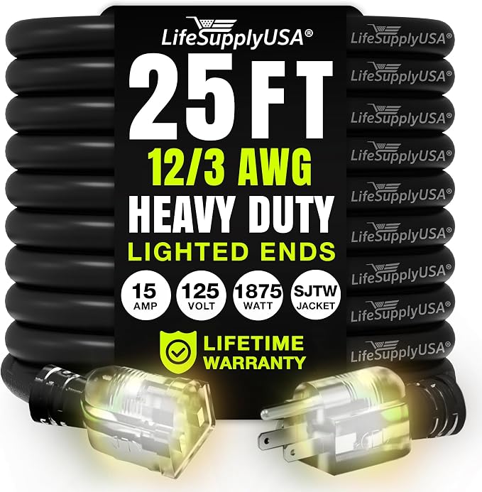 25ft Outdoor/Indoor Extension Cord 12/3 Gauge Extra Heavy Duty 3 Prong SJTW by LifeSupplyUSA
