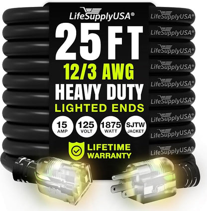25ft Outdoor/Indoor Extension Cord 12/3 Gauge Extra Heavy Duty 3 Prong SJTW by LifeSupplyUSA