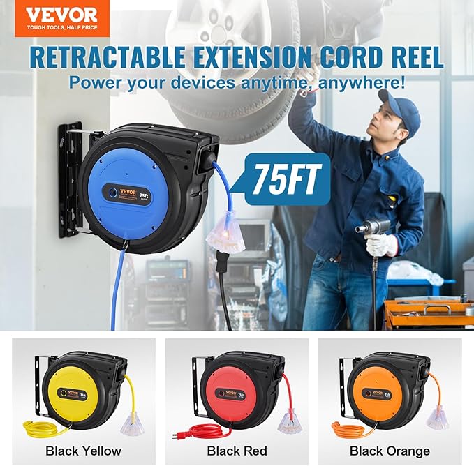 VEVOR 75FT Retractable Extension Cord Reel, 14AWG/3C SJTOW Heavy Duty Power - Image 2