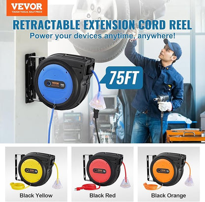 VEVOR 75FT Retractable Extension Cord Reel, 14AWG/3C SJTOW Heavy Duty Power - Image 2