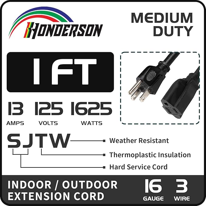 Extension Cord, UL Certified, 16 Gauge 1FT Black 3 Prong Heavy Duty, 16/3 SJTW - Image 2