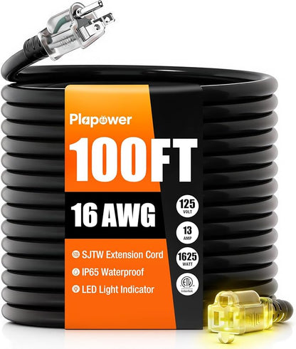 100 FT Outdoor Extension Cord Waterproof, 16/3 Gauge Heavy Duty 3 Prong Power by Unknown