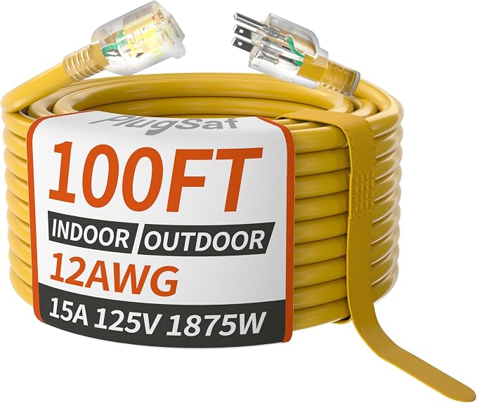 PlugSaf 100ft 12/3 Gauge Outdoor Extension Cord Waterproof by PlugSaf