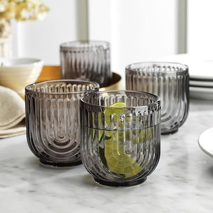 16 Piece Smoke Glassware Set, Art Deco Black Drinking Glasses, Ribbed U-Shape - Image 6