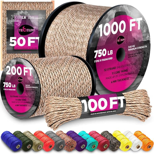 TECEUM 5/32" Paracord Rope 1000 – 1000ft / 200ft / 100ft / 50ft – Tactical by TECEUM