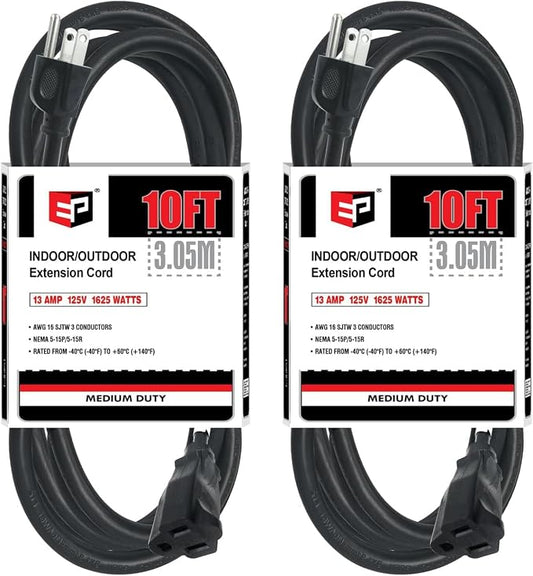 EP 2 Pack 10FT Black Outdoor Extension Cord, 16/3 SJTW Heavy Duty Waterproof by ENERGYPRO