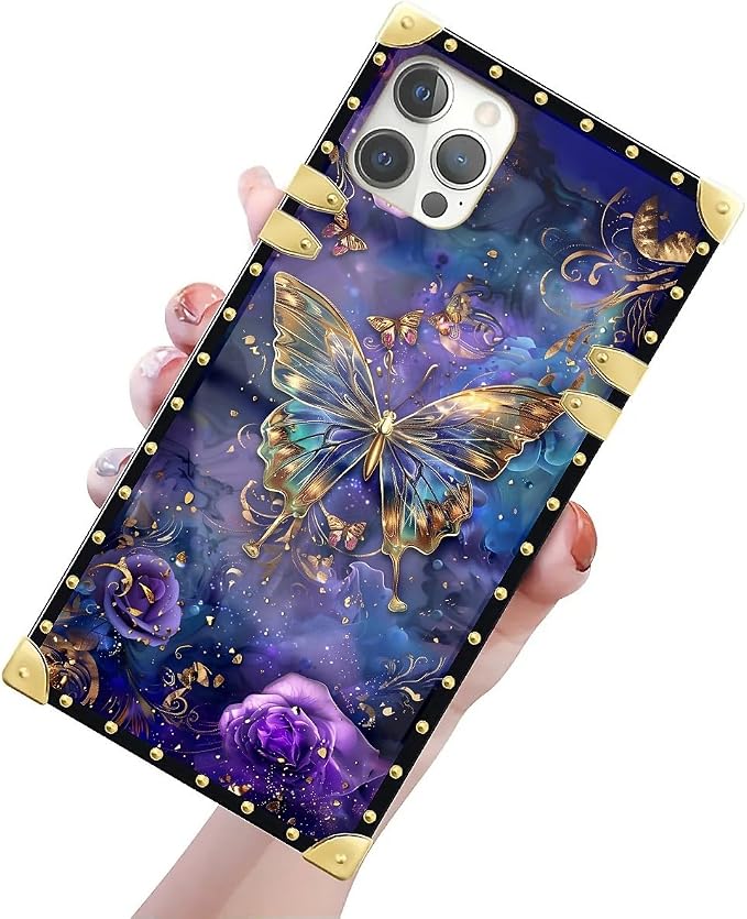Compatible with iPhone 12 Case, Glistening Golden Butterfly Vibrant Purple Blue - Image 3