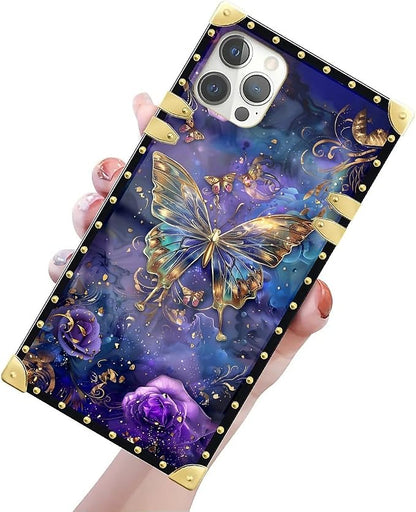 Compatible with iPhone 12 Case, Glistening Golden Butterfly Vibrant Purple Blue - Image 3