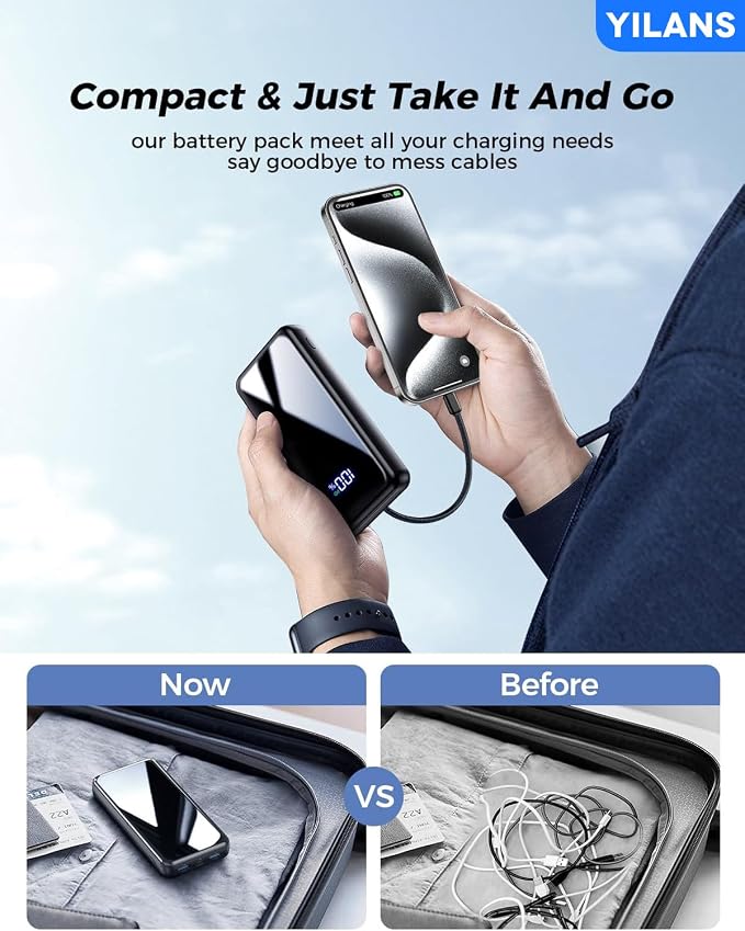 Portable Charger, 50000mAh Power Bank Built-in Cable, 22.5W PD USB C In & Out - Image 4
