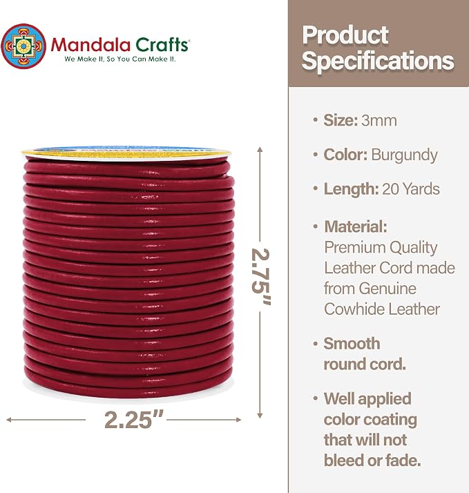 Mandala Crafts Round Genuine Burgundy Leather Cord - Image 2