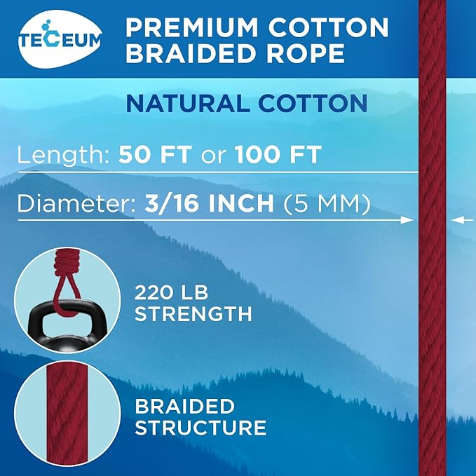 TECEUM Cotton Rope 3/16” – 50 FT – Strong All-Purpose Braided Rope – Natural - Image 2