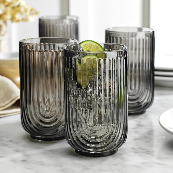 16 Piece Smoke Glassware Set, Art Deco Black Drinking Glasses, Ribbed U-Shape - Image 5