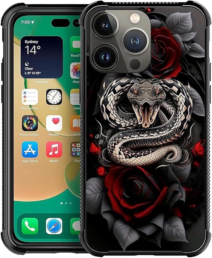 for iPhone 14 Pro Max Case, Entwined Rose Snake Pattern Graphic Design Girl Boy by FKBRCL4U