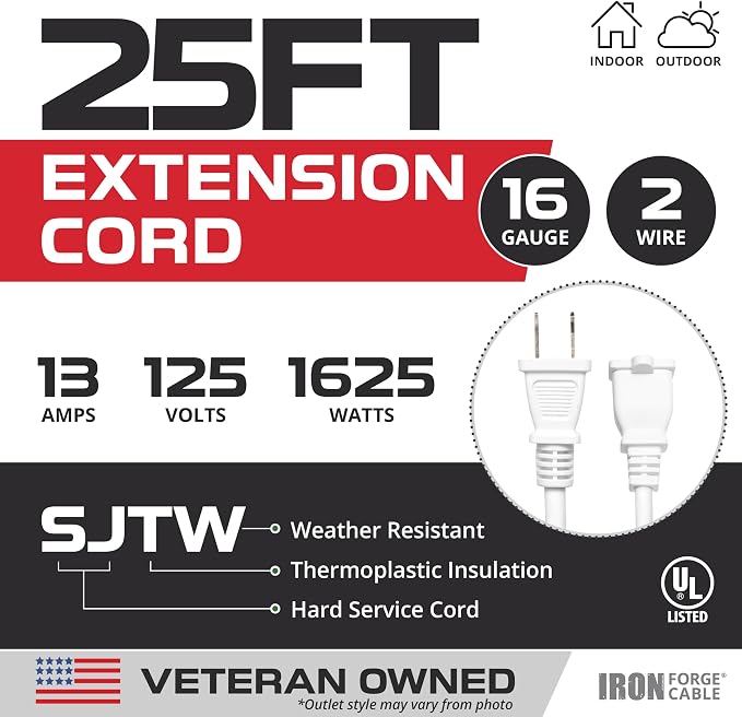 Iron Forge Cable 2 Prong Outdoor Extension Cord 25 ft, 16/2 SJTW 25 Foot White - Image 2
