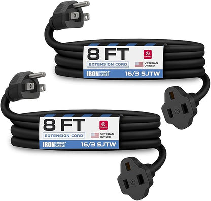Iron Forge Cable 2 Pack 8 Ft Black Extension Cord, 8 Foot Extension Cord by IronForgeCable