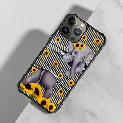 for iPhone 15 Pro Case, Cute Little Elephant Sunflower White Line Art Pattern - Image 2