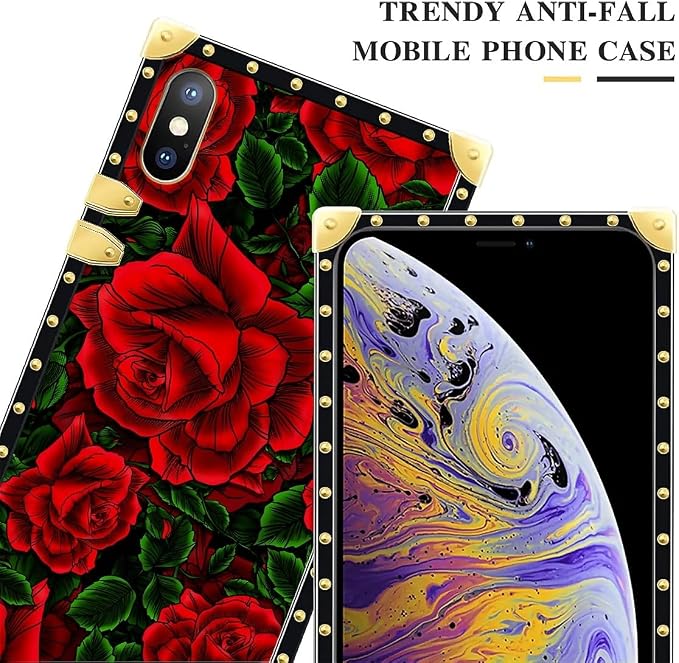 Compatible with iPhone Xs Max Case, Vector Red Rose Green Leaf Luxury Golden - Image 4