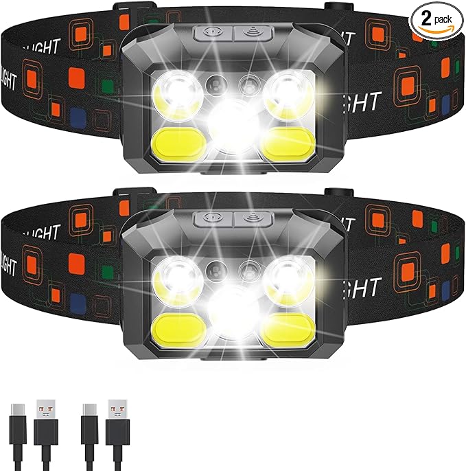Rechargeable LED Headlamp 2-Pack, 800 Lumens, IPX4 Waterproof, 8 Modes by Unknown