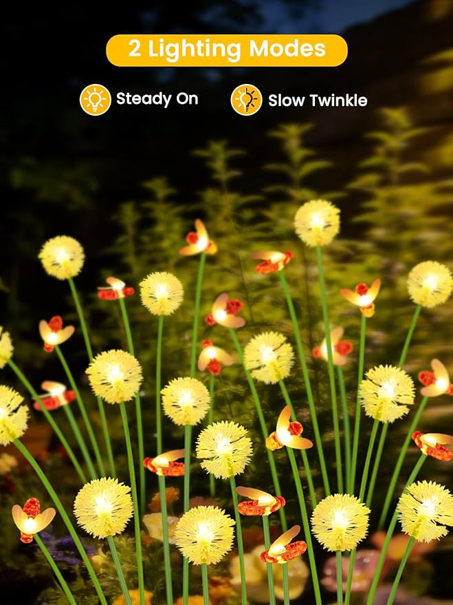 Solar Garden Lights Outdoor, 8 Pack 64 LED, Solar Swaying Dandelion Bee Lights - Image 5