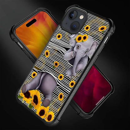 for iPhone 15 Plus Case, Cute Little Elephant Sunflower White Line Art Pattern - Image 2