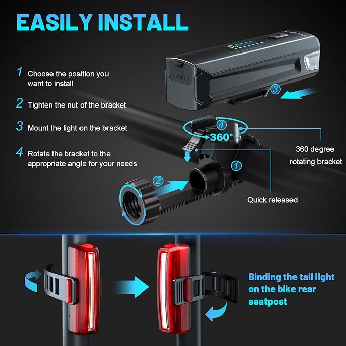 APECYC Bike Lights USB-C Rechargeable Bicycle Front Headlight and Rear Taillight - Image 6