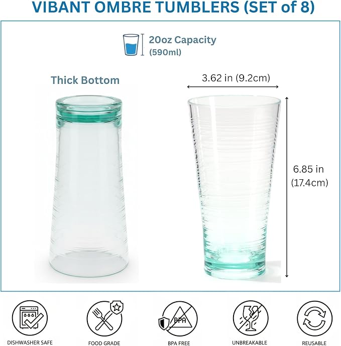8-Piece Ombre Tumbler Set, 20oz Plastic Drinking Glasses, Shatterproof BPA-Free - Image 3