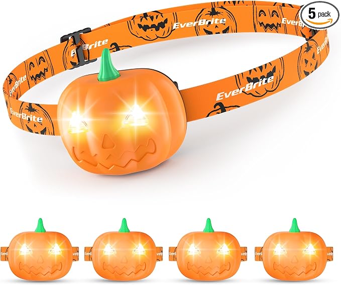 EverBrite Halloween Pumpkin Headlamp 5 Pack, 2 Modes LED Head Lamp Adjustable by EverBrite