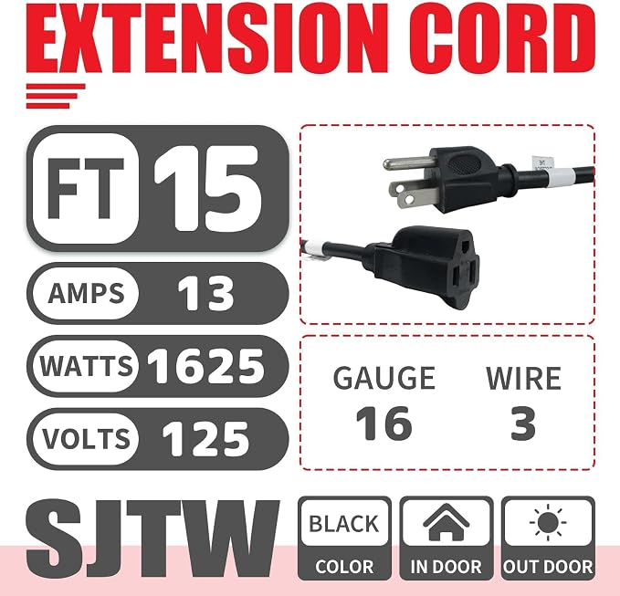EP 2 Pack 15FT Black Outdoor Extension Cord, 16/3 SJTW Heavy Duty Waterproof - Image 2