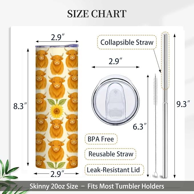 Firmiso 20 oz Tumbler｜Skinny Insulated Travel Mug｜Highland Cow Sunflower - Image 6