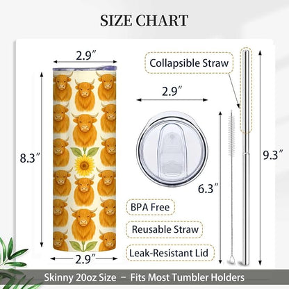 Firmiso 20 oz Tumbler｜Skinny Insulated Travel Mug｜Highland Cow Sunflower - Image 6