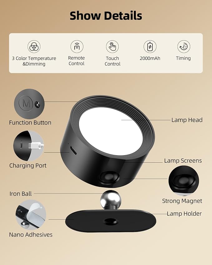 LED Wall Mounted Lights, Rechargeable Wall Sconce Lamps, 3 Color Temps & Remote - Image 8
