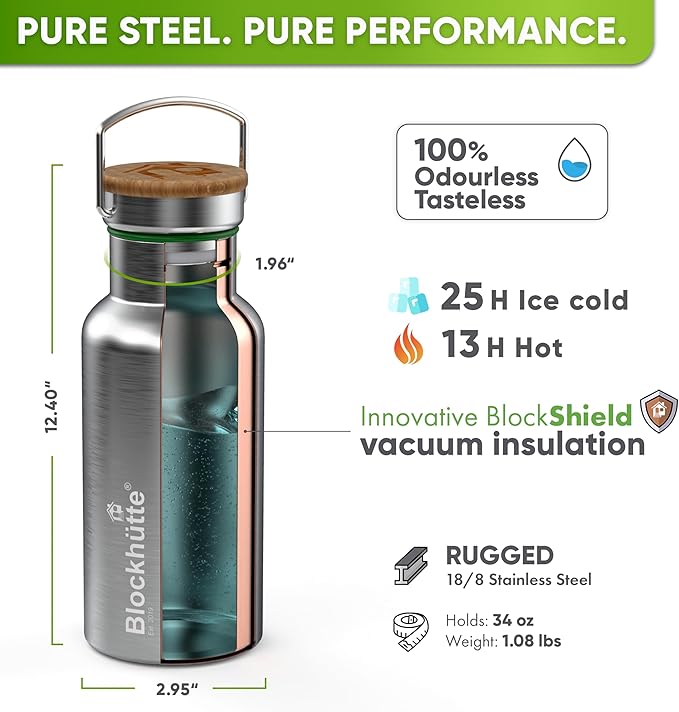 Blockhütte Vacuum Insulated Stainless Steel Water Bottle - 34 oz | Wide Mouth - Image 4